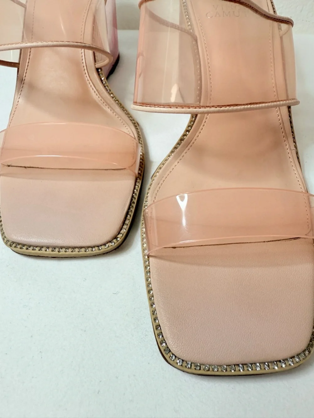 Vince Camuto Clear Pink Wedge Sandals Rhinestone Trim Size 9